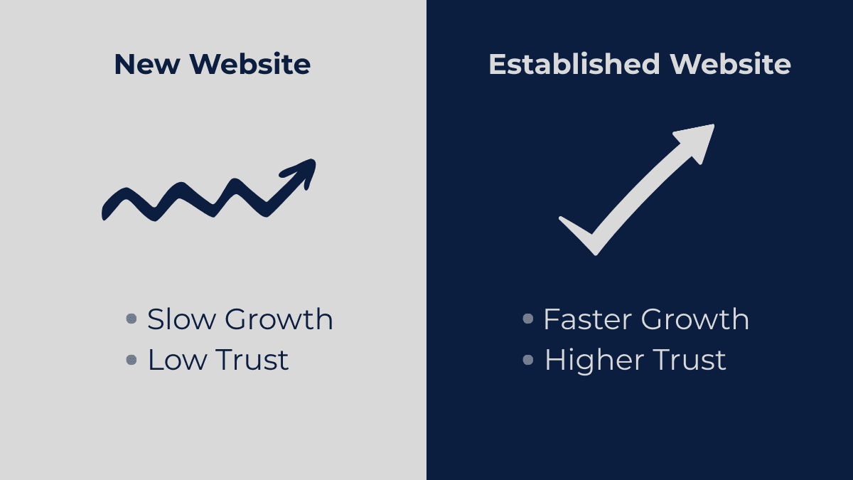 Illustration comparing fast ranking established website versus slower ranking new website
