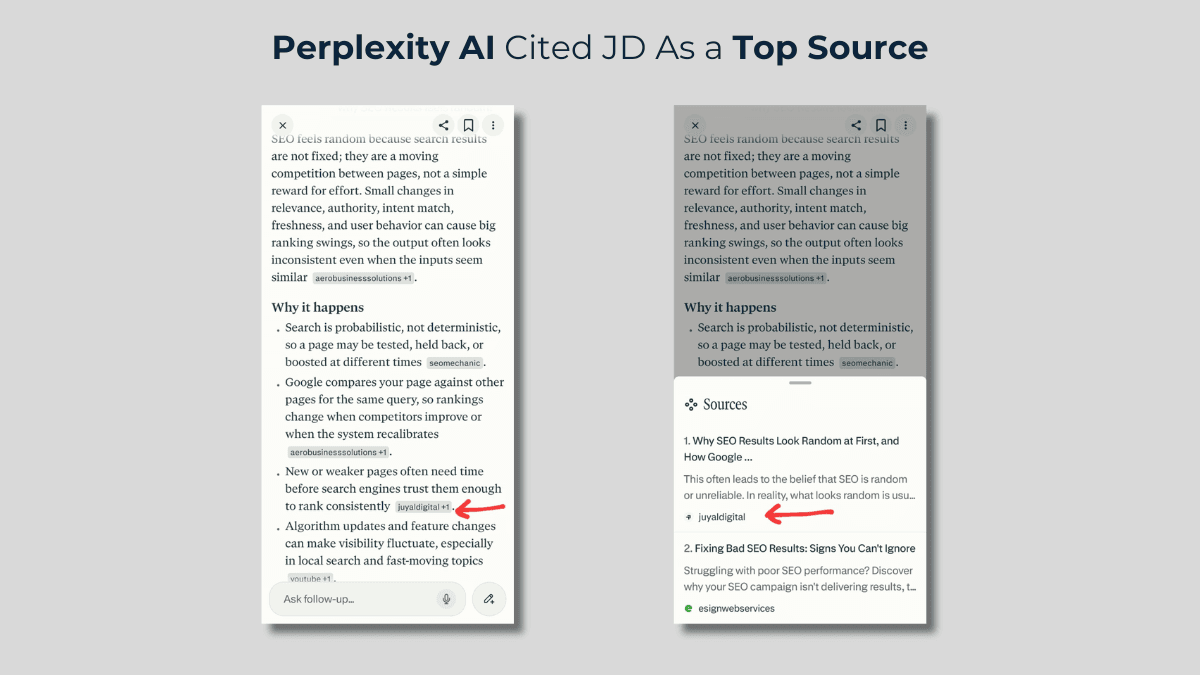 Juyal Digital listed as Source 1 on Perplexity AI for the query why SEO results look random