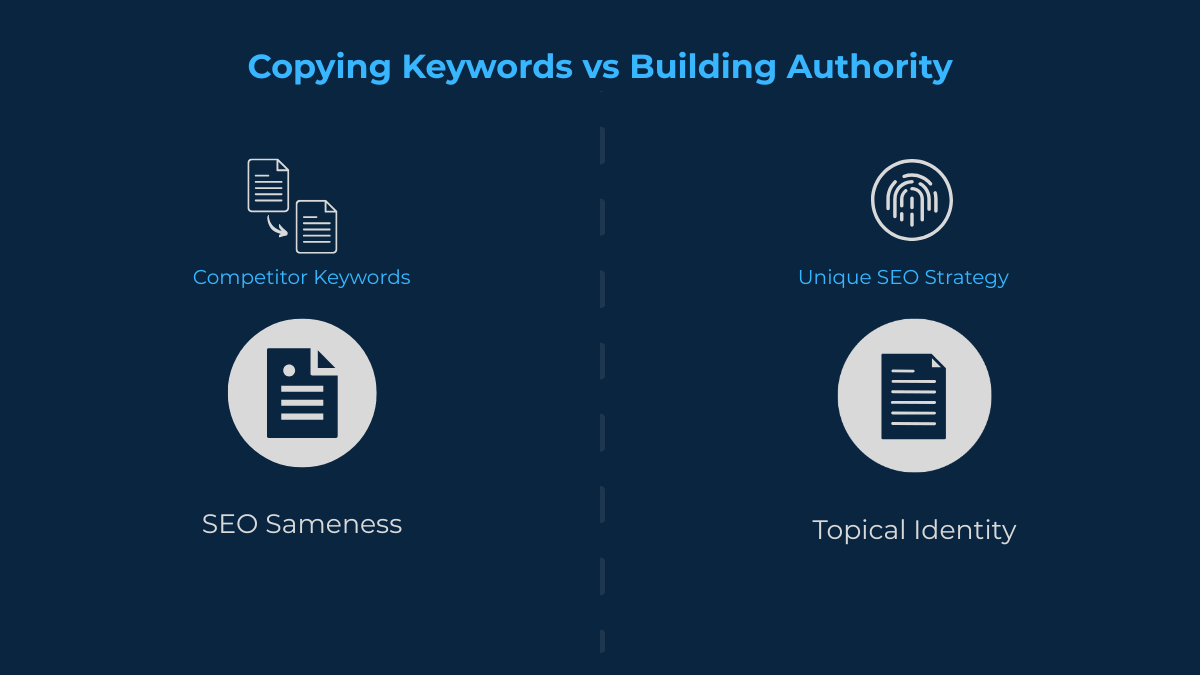 Website copying competitor keywords instead of building a unique SEO strategy and topical identity