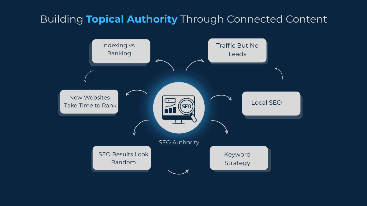 Topical authority content cluster showing how internal links connect related SEO blogs together
